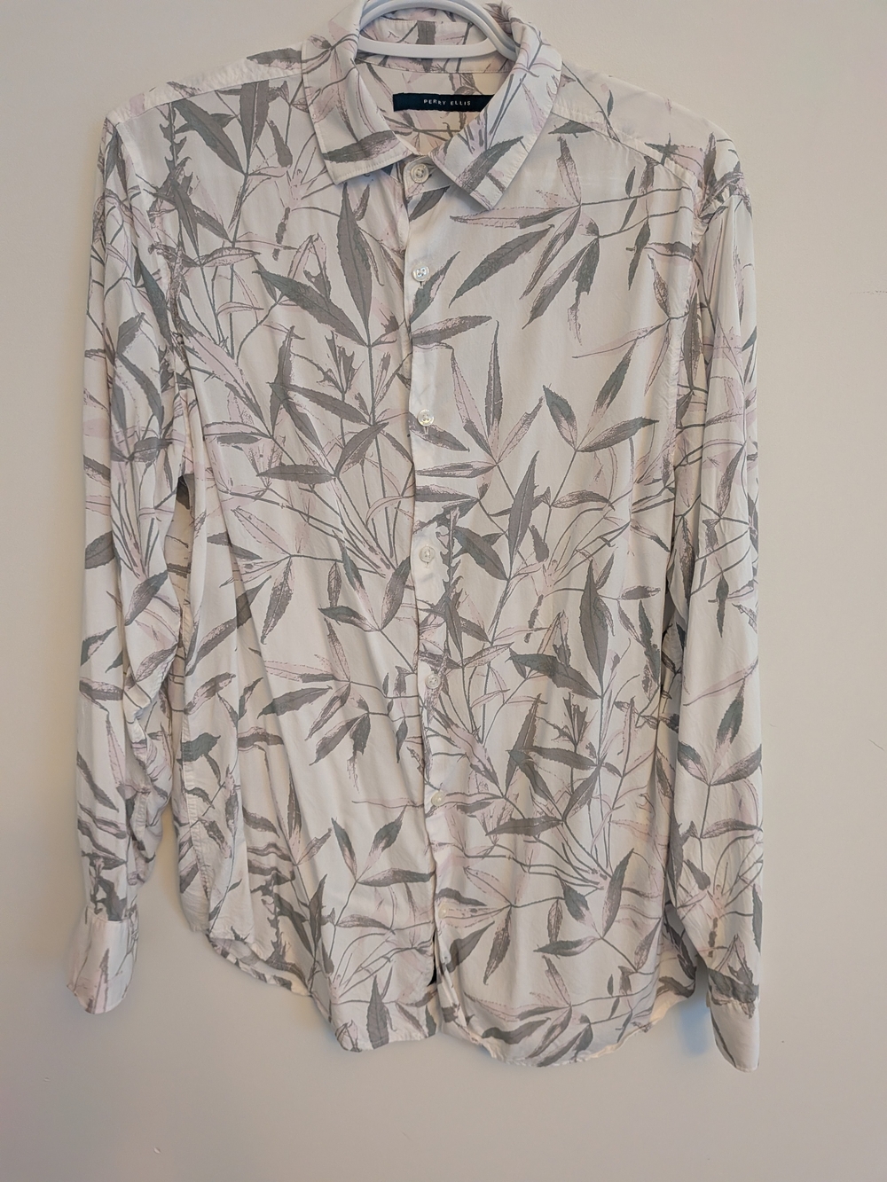 Perry Ellis White Button-Front Blouse with Gray Leaf Print
